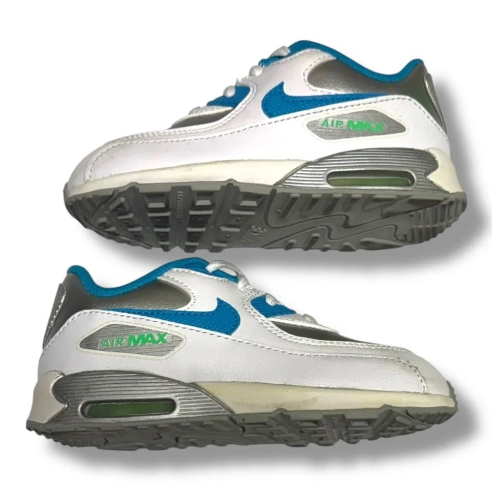 Nike Air Max 90 Kids Sz 9 Lakeside 724854-104 White Blue‎ Silver Sneakers Shoes